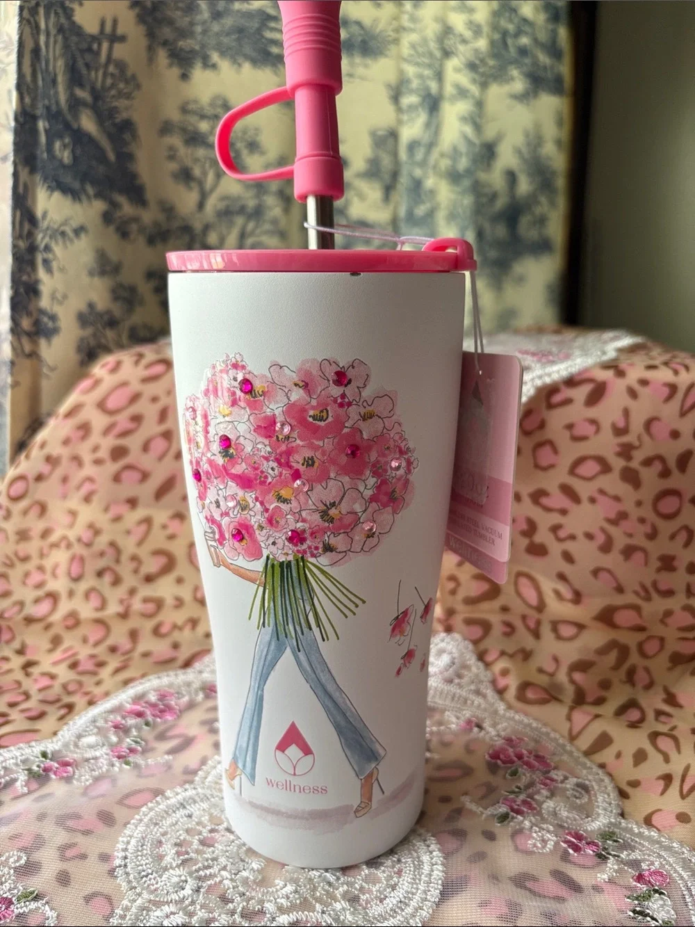 Pink Floral Bouquet Travel Tumbler with Straw